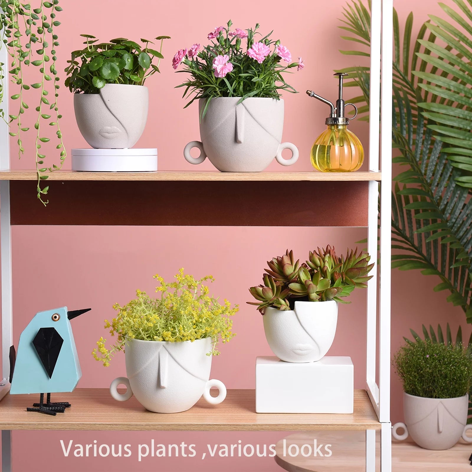 Ceramic Succulent Planter Pots for Indoor Plants with Drainage Holes, Herb Garden Head Planters Set of 2,White 5.4"W