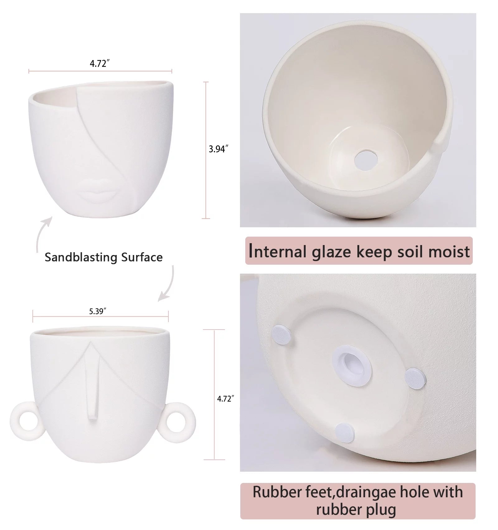 Ceramic Succulent Planter Pots for Indoor Plants with Drainage Holes, Herb Garden Head Planters Set of 2,White 5.4"W